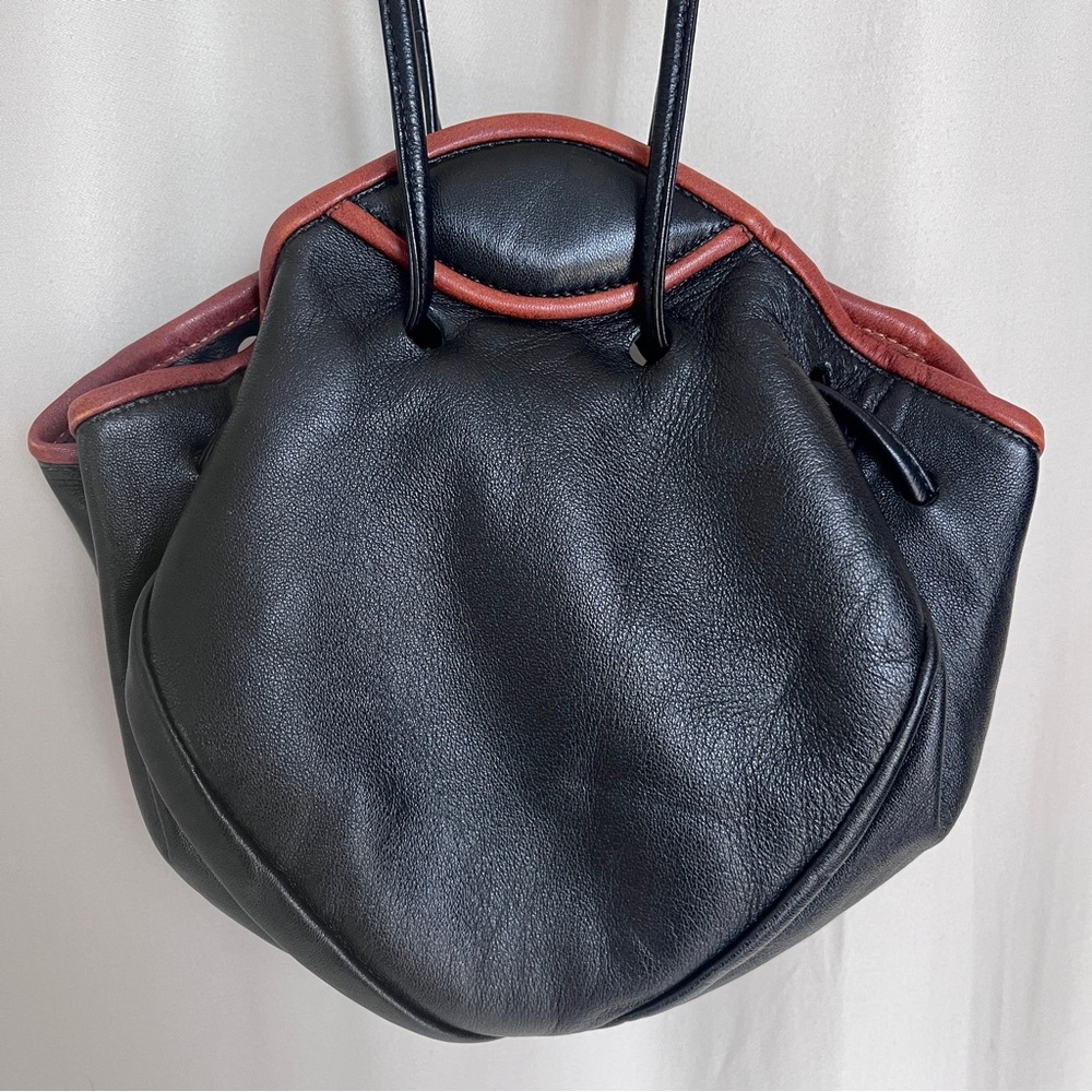 JoAnn Page Handmade Mini Bucket Bag Leather Black Brown Trim Vintage USA
